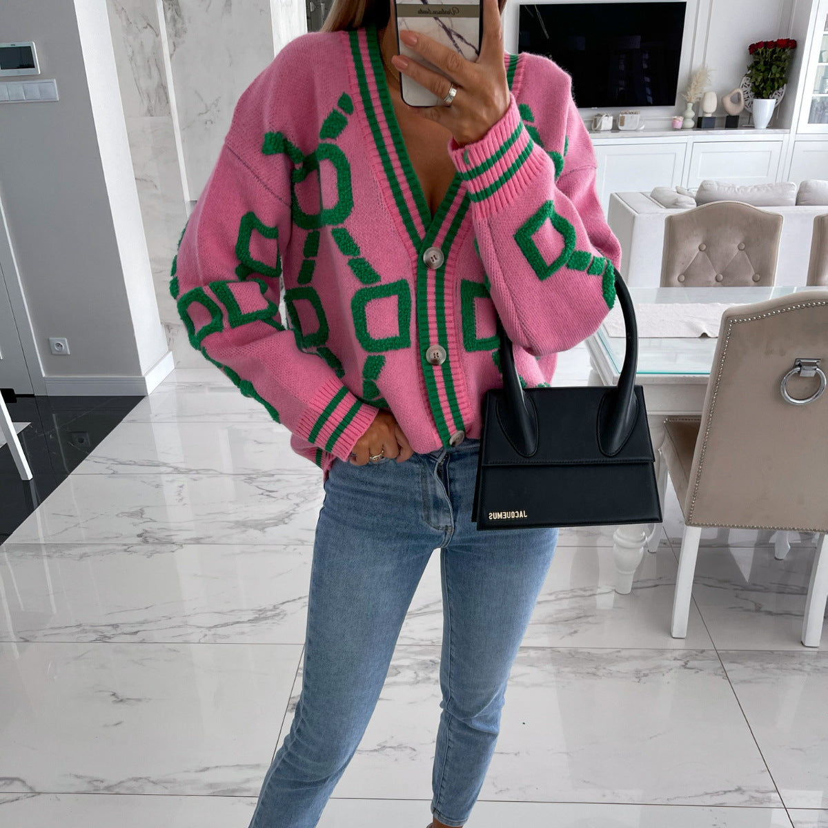 Aliza - Contrasting V-Neck Knit Cardigan