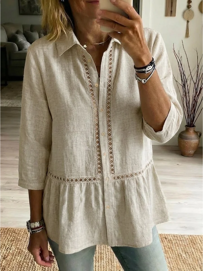 Nyvora - Women's flowing button-up shirt with classic collar and elegant openwork details
