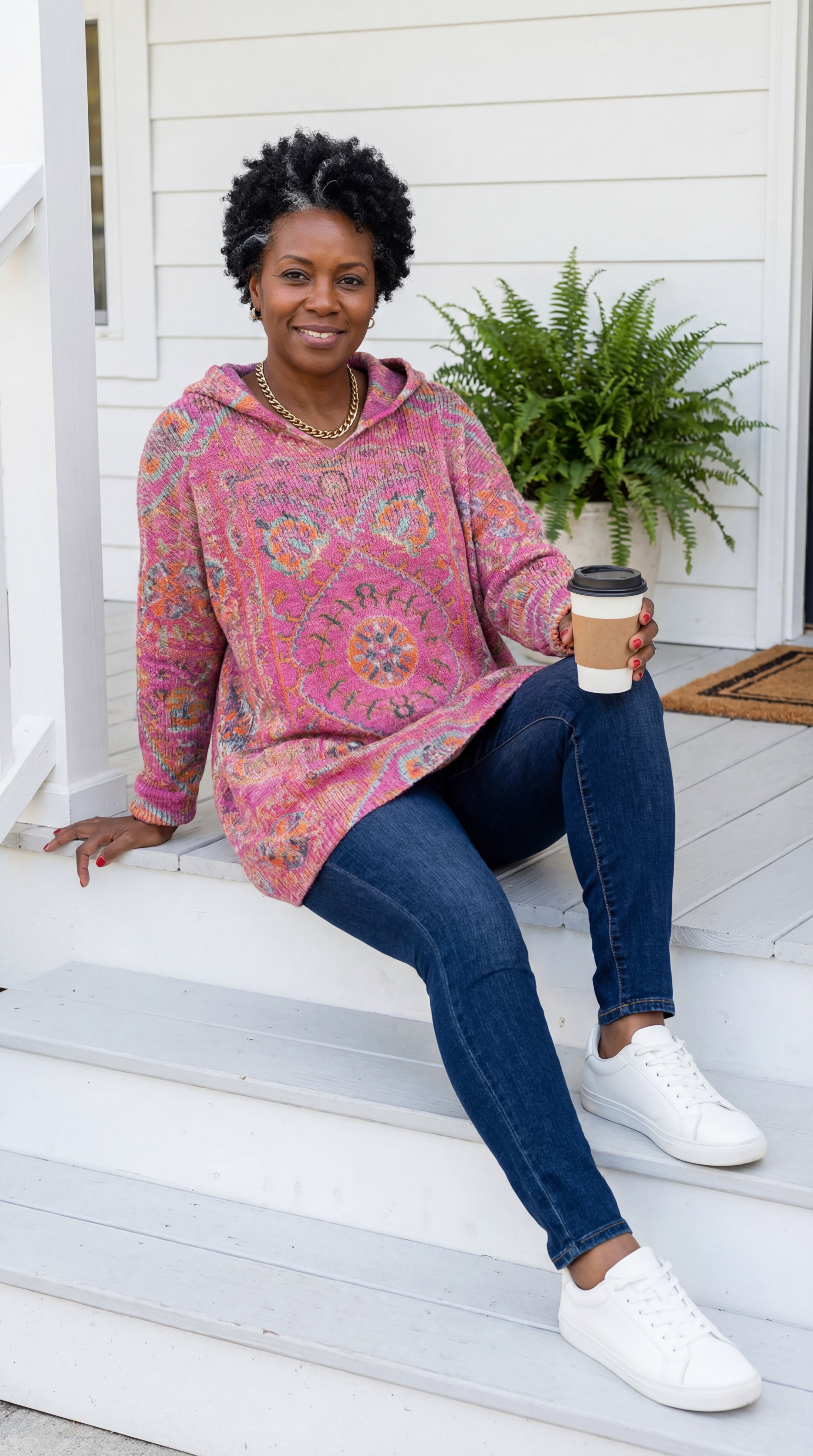 Hynessa - Women's hooded tunic, printed, loose fit, modern casual style