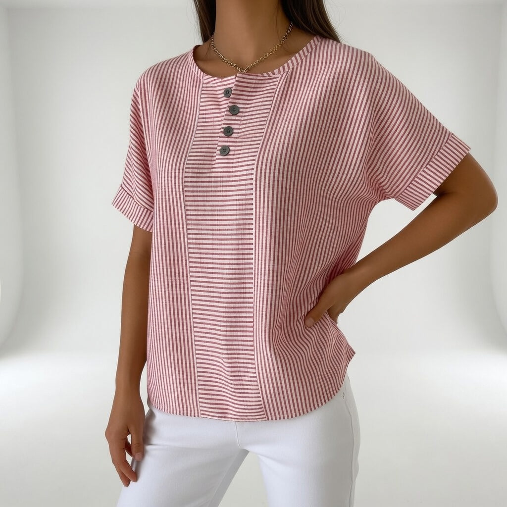 Dovinia - Women's striped linen short sleeve flowy casual summer blouse