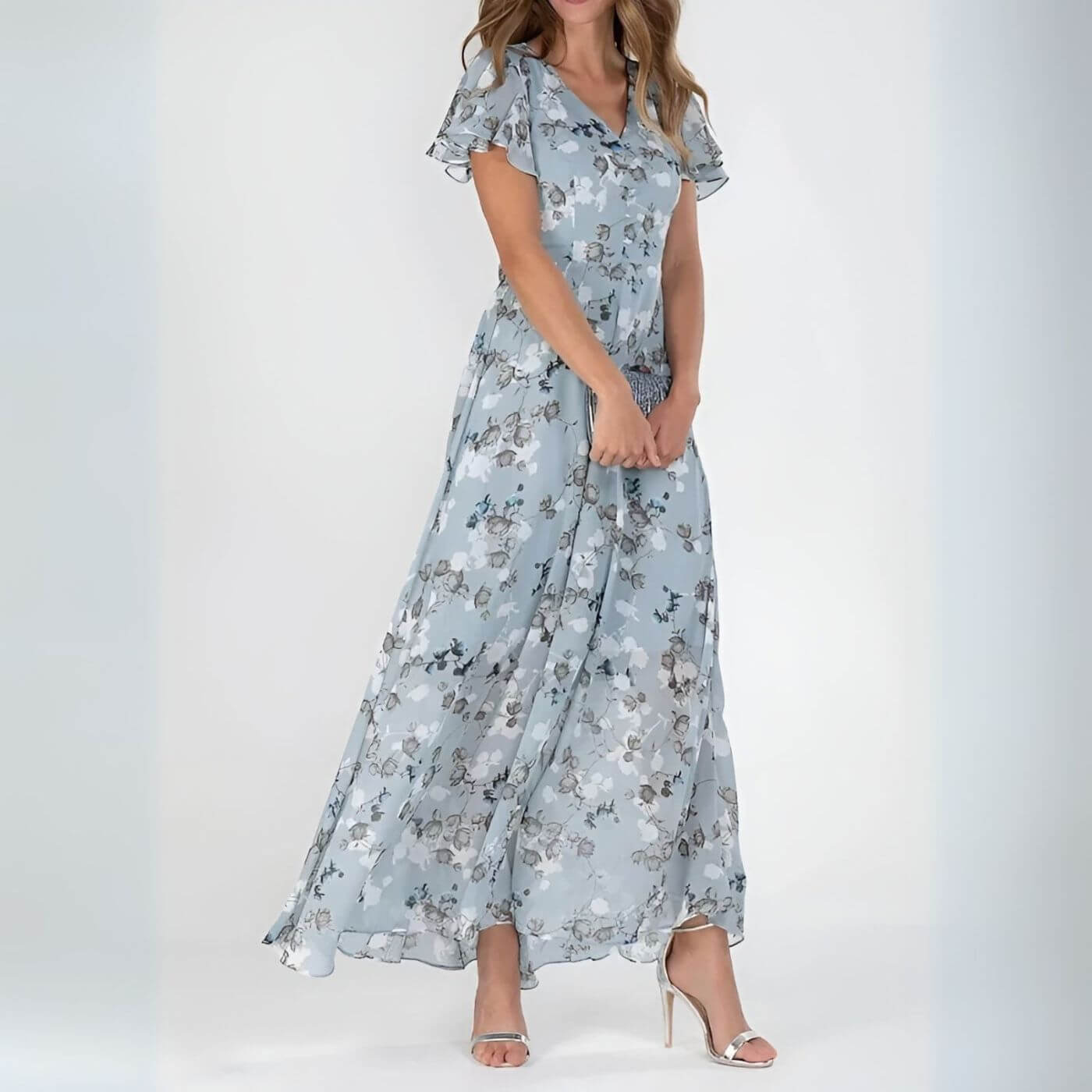 Sorevixa - Women's Elegant Floral V-Neck Flowy Maxi Dress