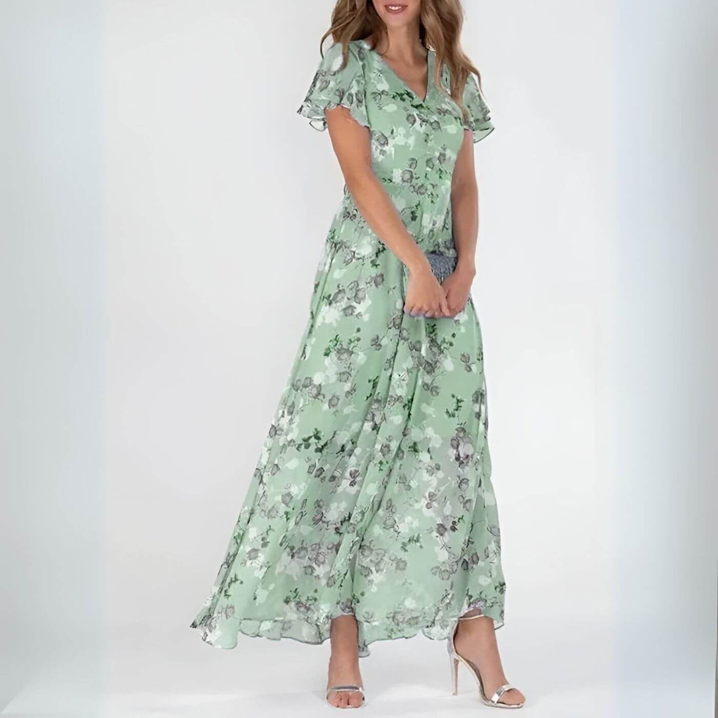Sorevixa - Women's Elegant Floral V-Neck Flowy Maxi Dress