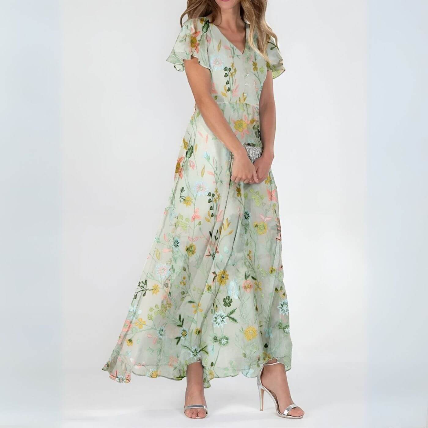 Sorevixa - Women's Elegant Floral V-Neck Flowy Maxi Dress