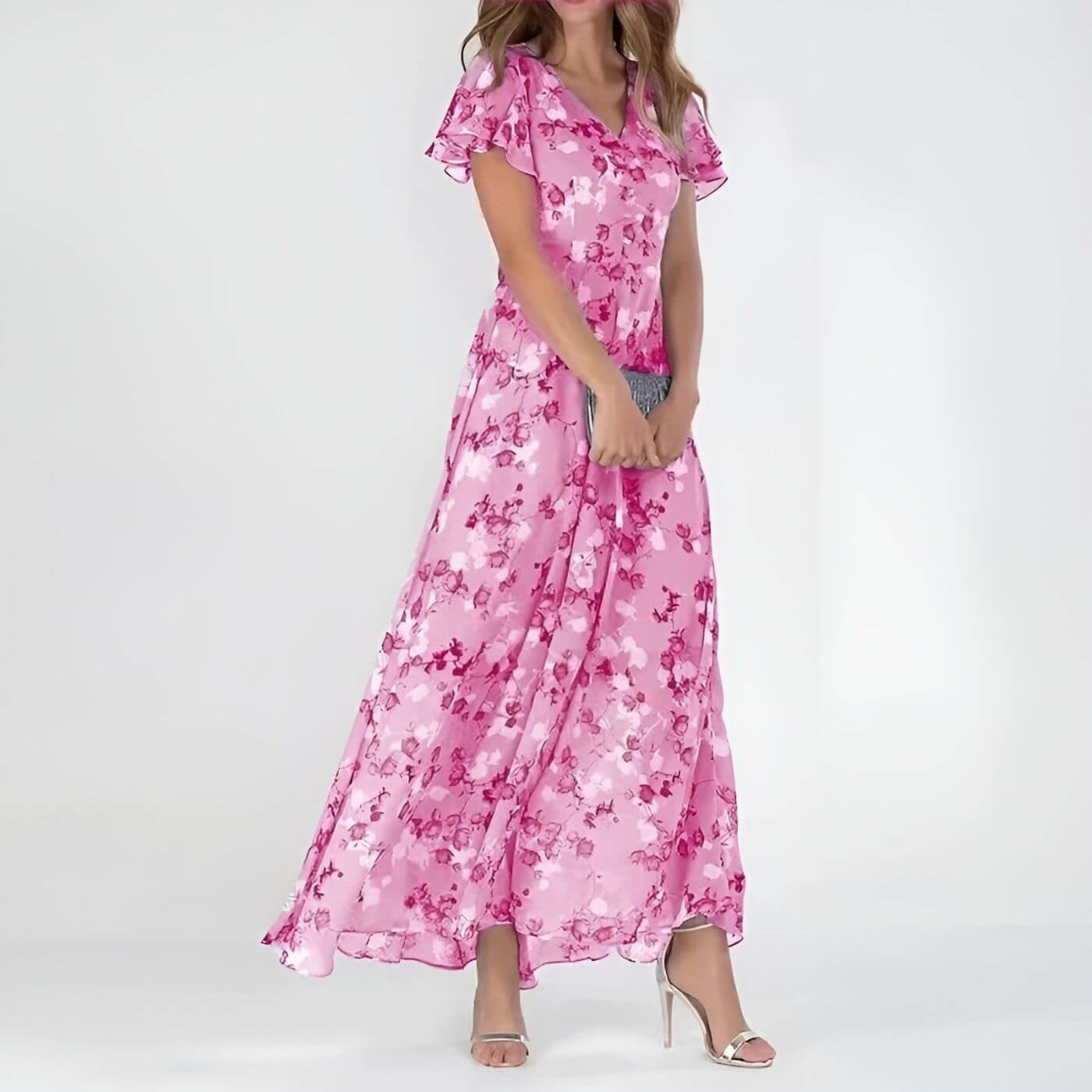 Sorevixa - Women's Elegant Floral V-Neck Flowy Maxi Dress