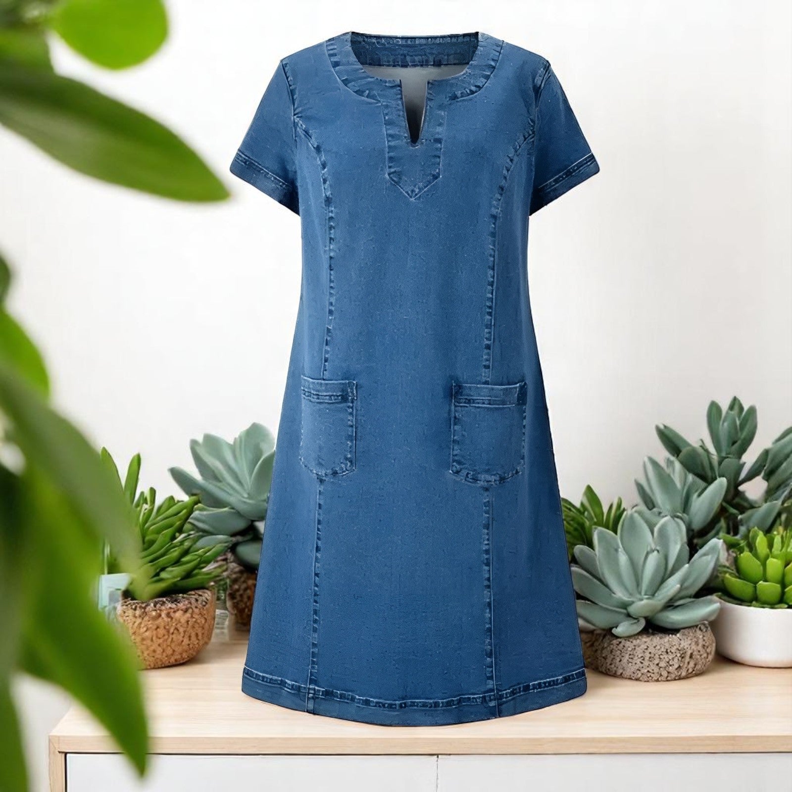 Auvira - Women's Short Denim Dress with Slit Neck, Front Pockets, and Short Sleeves