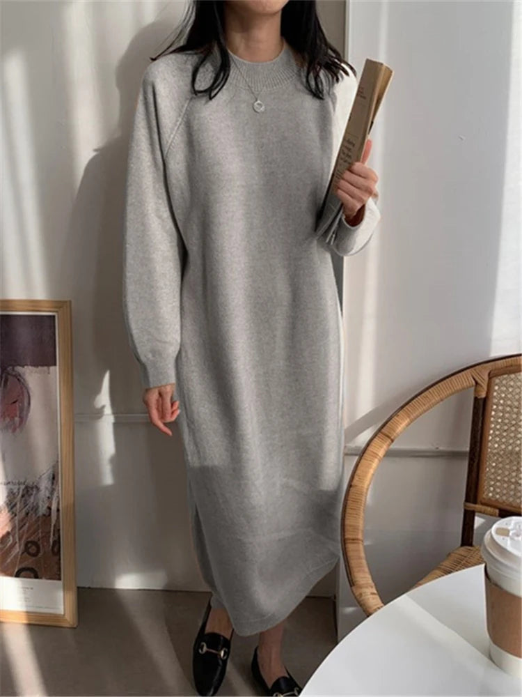 Calixte - Robe longue tricotée décontractée à col rond pour femme