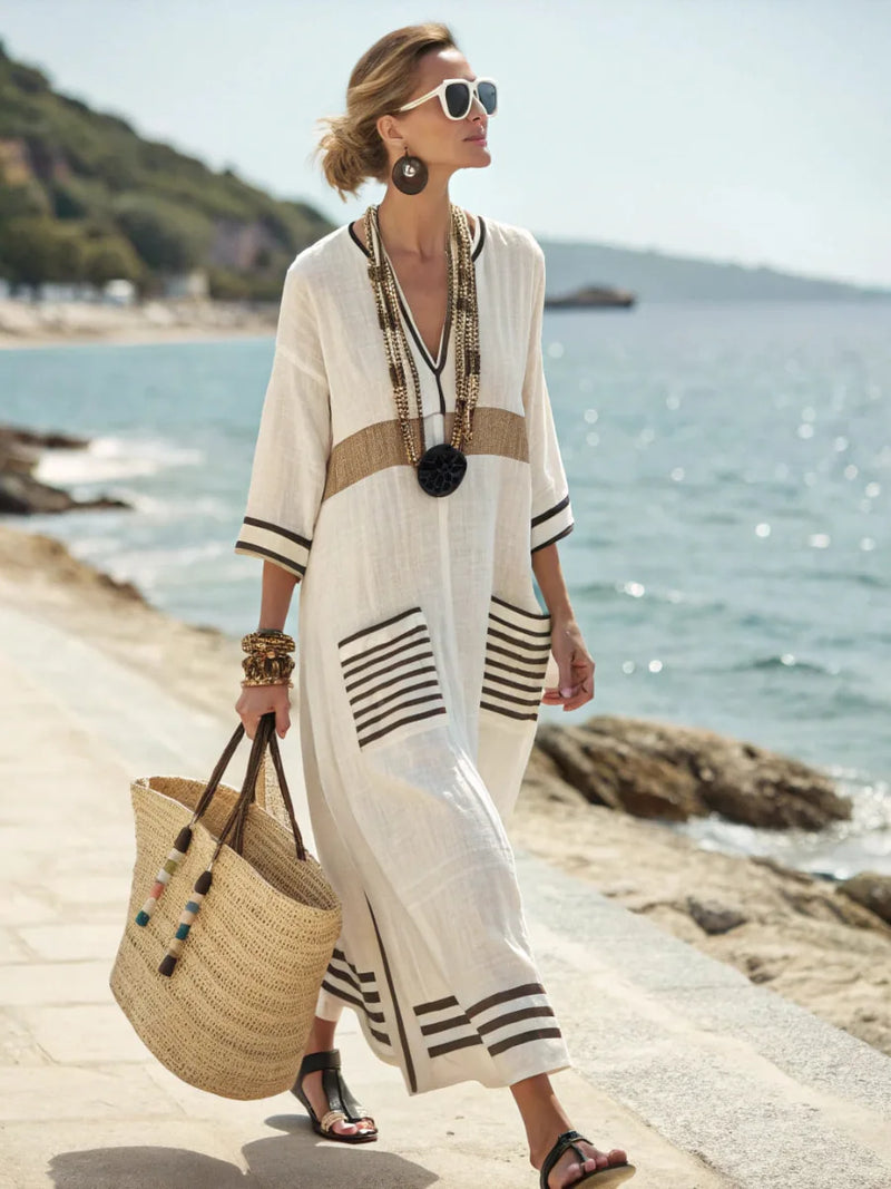 Gorielle - Women's maxi linen dress with contrasting stripes, V-neck, and loose fit