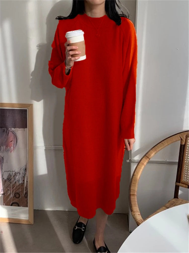 Calixte - Robe longue tricotée décontractée à col rond pour femme