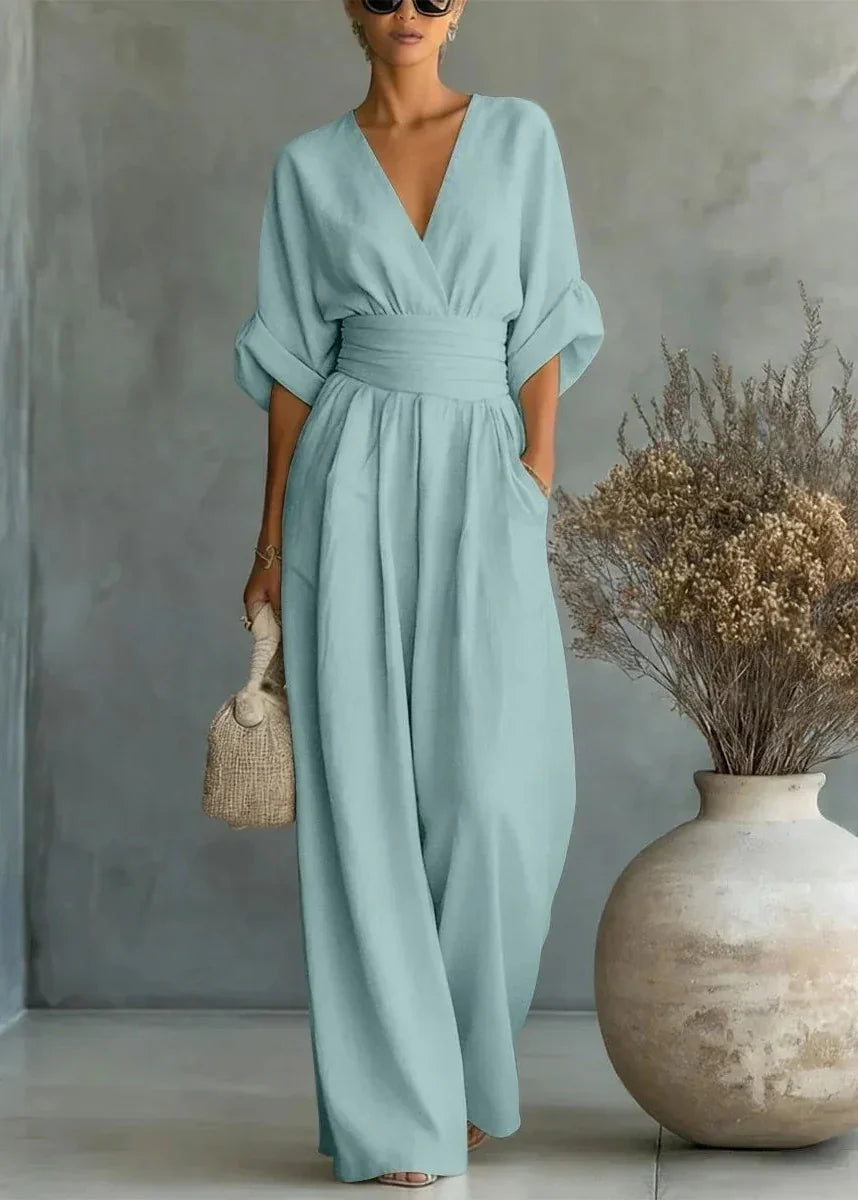 Helyrae - Women's V-Neck Jumpsuit with Defined Waist and Fluid Cut