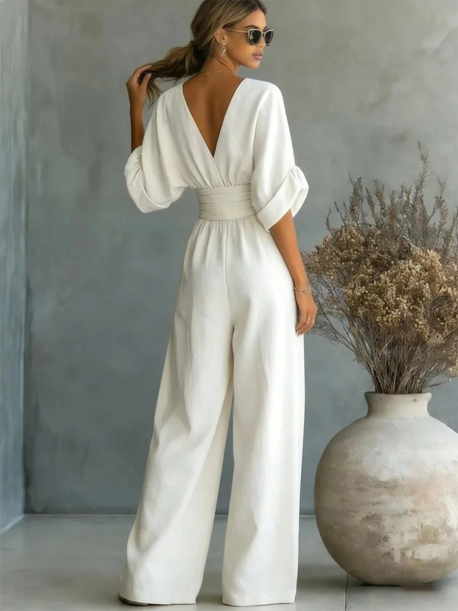 Helyrae - Women's V-Neck Jumpsuit with Defined Waist and Fluid Cut