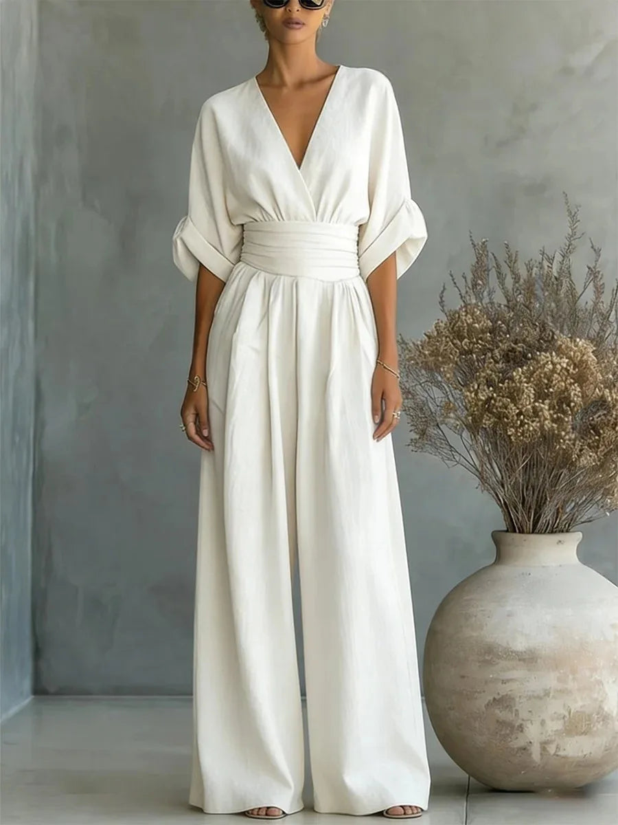 Helyrae - Women's V-Neck Jumpsuit with Defined Waist and Fluid Cut