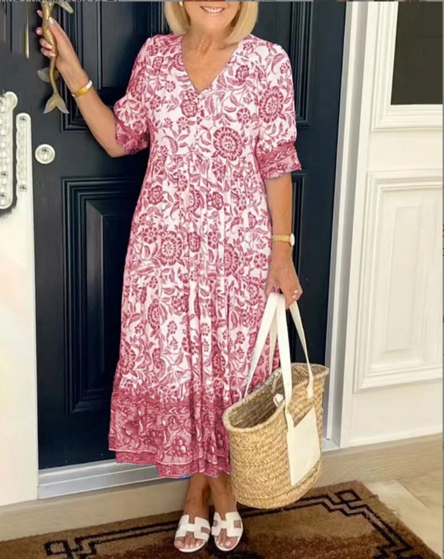 Aude - Elegant floral dress with V-neckline 