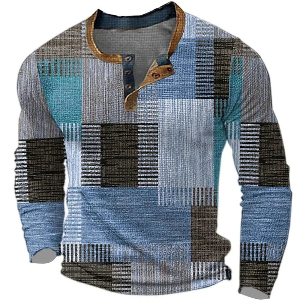 Damian - Men's long-sleeve geometric print Henley neck t-shirt
