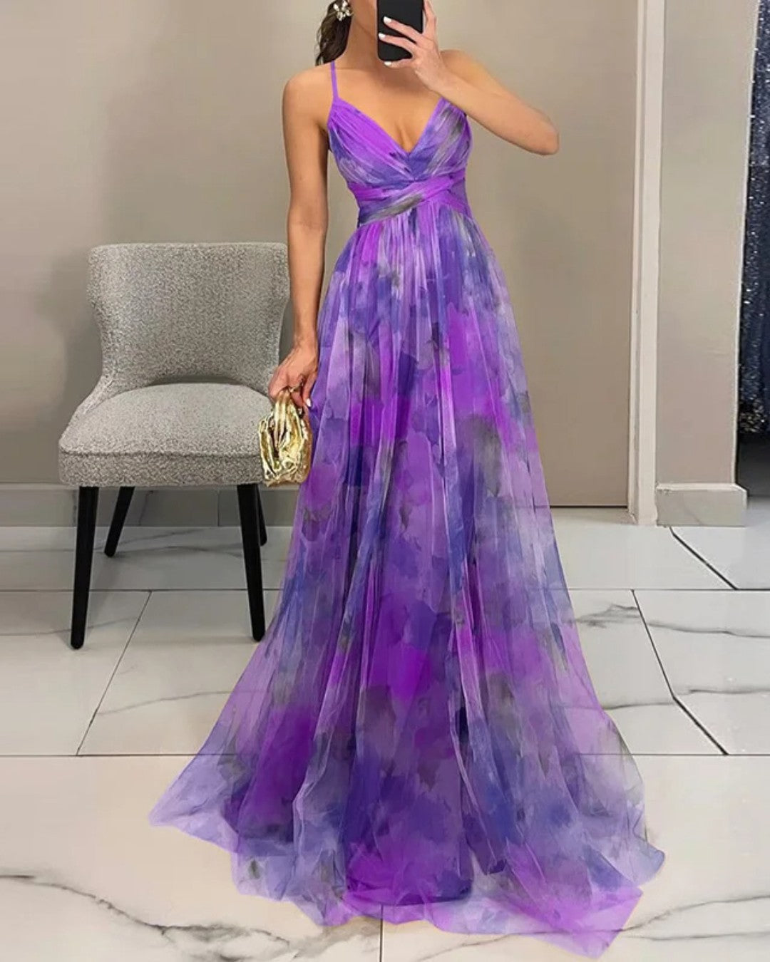 Helena - Women's Flowy Maxi Dress V-Neck Thin Straps Floral Elegance