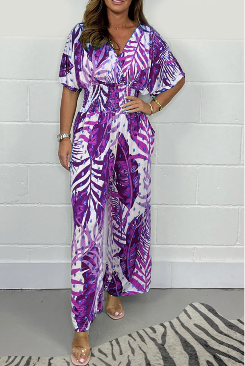 Lucia - Women's flowing tropical short-sleeved V-neck jumpsuit
