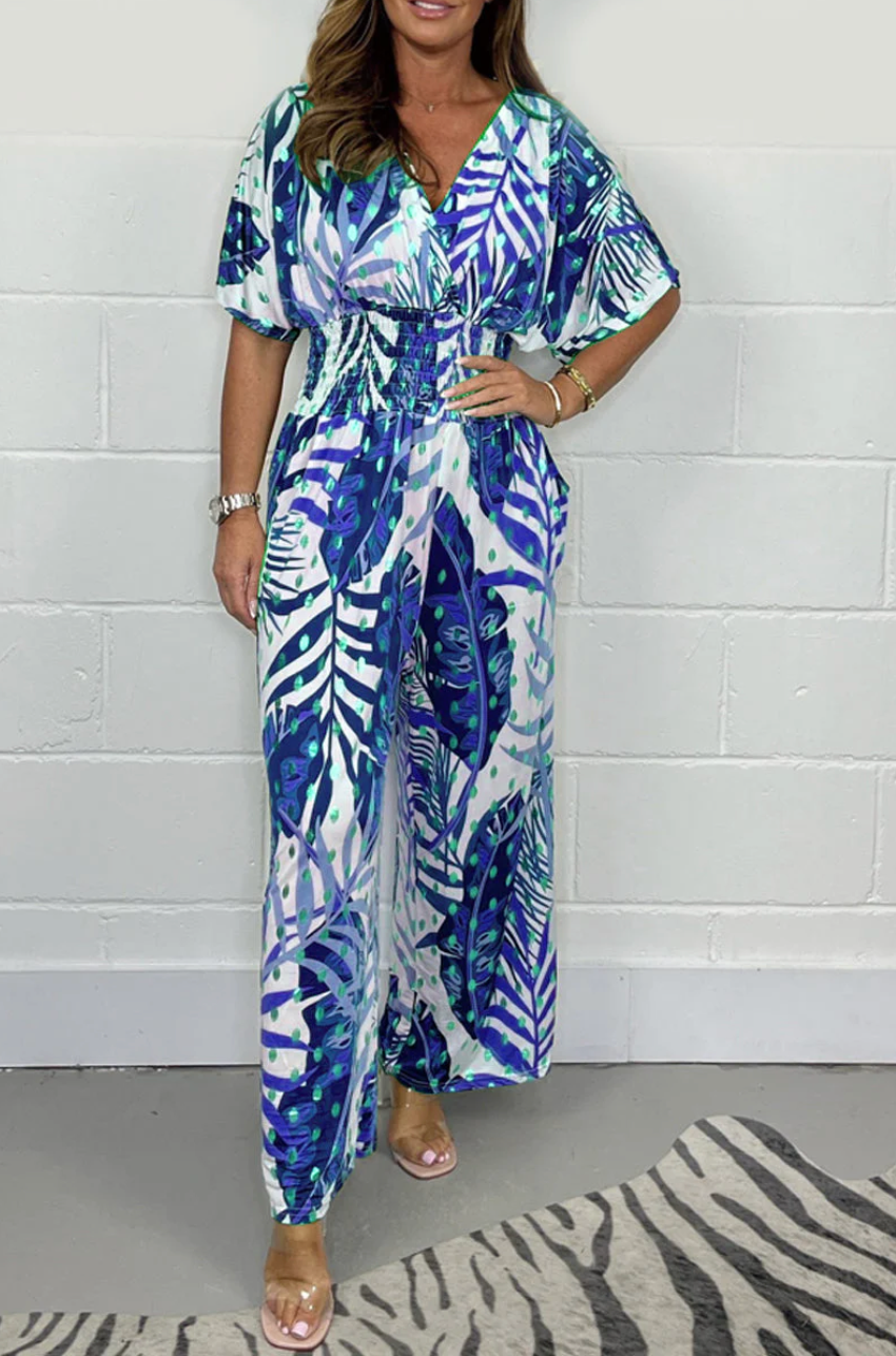 Lucia - Women's flowing tropical short-sleeved V-neck jumpsuit