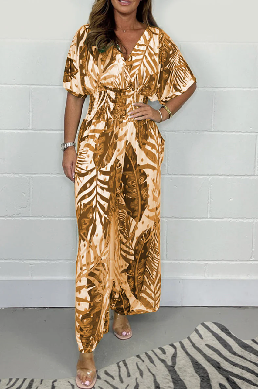 Lucia - Women's flowing tropical short-sleeved V-neck jumpsuit