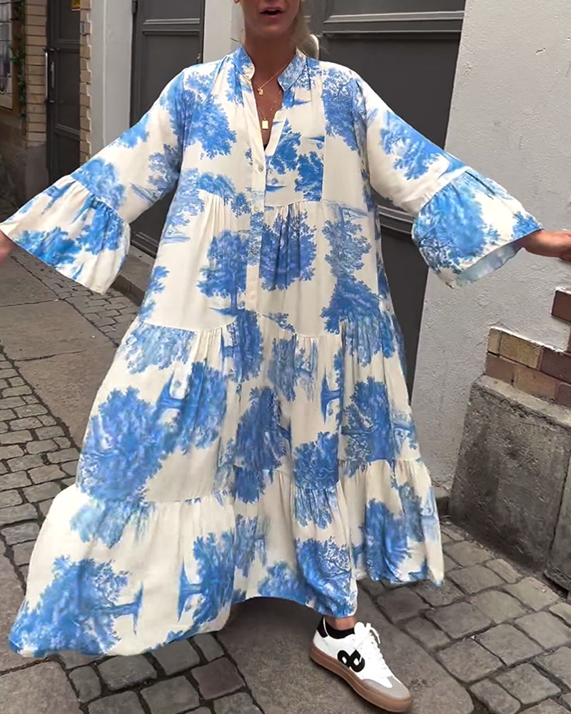 Greta - Loose Patchwork Dress with V-Neck and Printed Bell Sleeves
