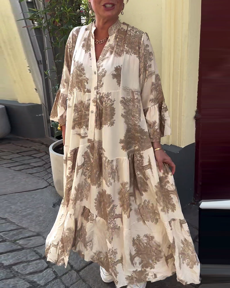 Greta - Loose Patchwork Dress with V-Neck and Printed Bell Sleeves