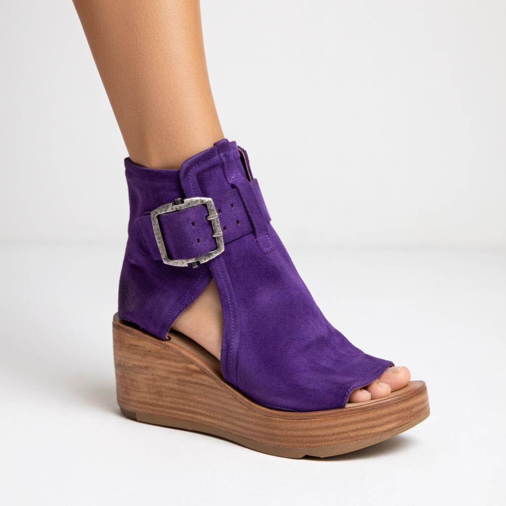Kalyne - Women's suede open-toe wedge sandals with ankle buckle