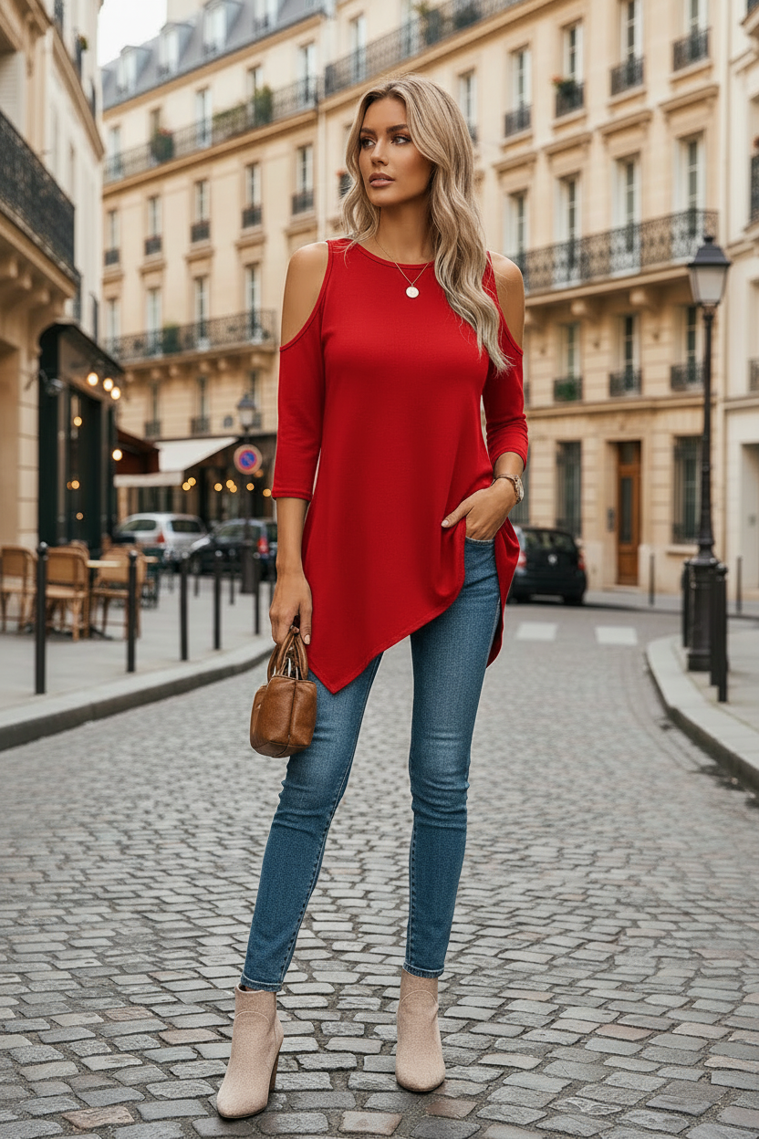 Delyxa - Women's Top Asymmetric Cut Cold Shoulder Modern Style