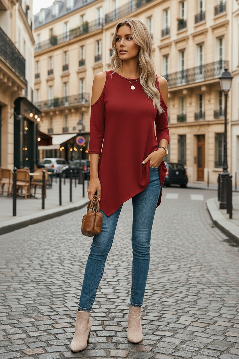 Delyxa - Women's Top Asymmetric Cut Cold Shoulder Modern Style