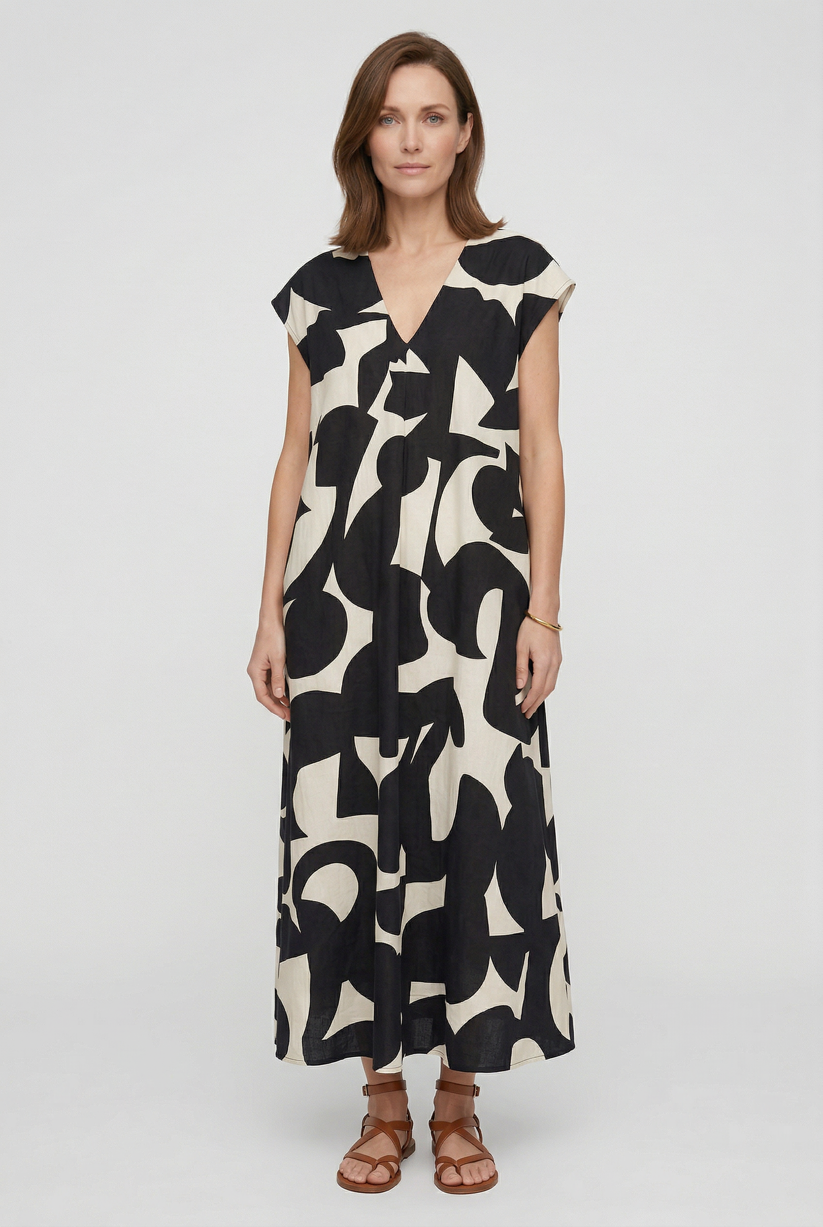 Heliorae - Robe longue femme à col V avec imprimé abstrait