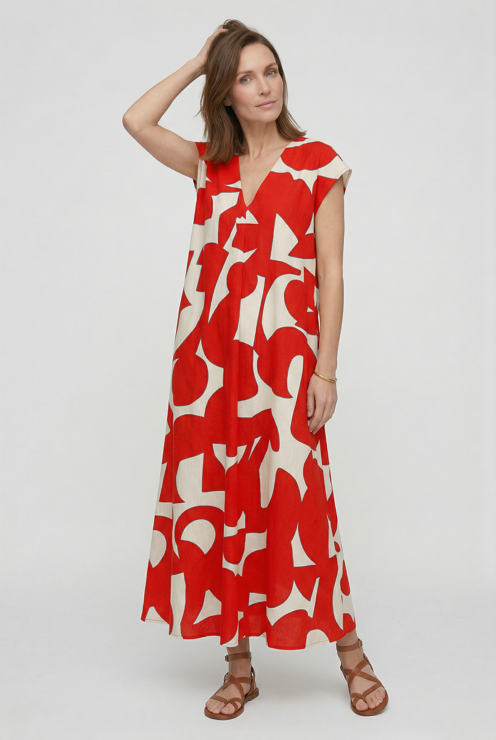 Heliorae - Robe longue femme à col V avec imprimé abstrait