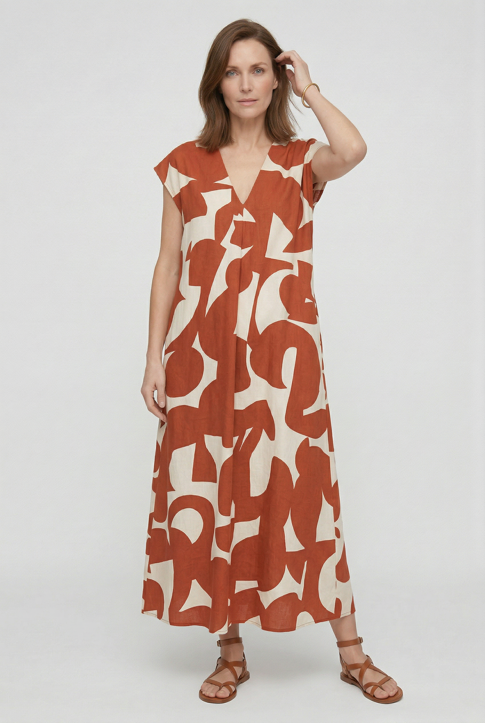 Heliorae - Robe longue femme à col V avec imprimé abstrait