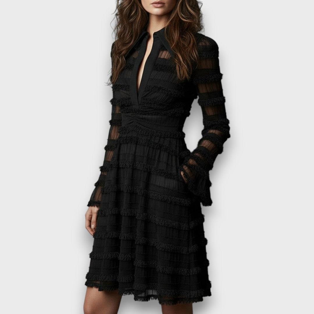 Hyacinthe - Elegant Midi Dress with Sheer Fringe