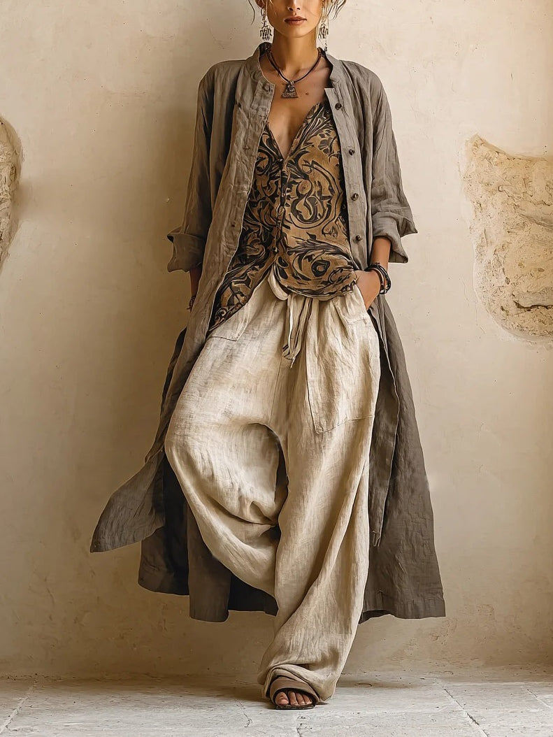 Ravelyn - 3-piece women's linen cotton set top cardigan wide leg pants