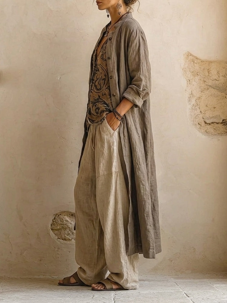 Ravelyn - 3-piece women's linen cotton set top cardigan wide leg pants