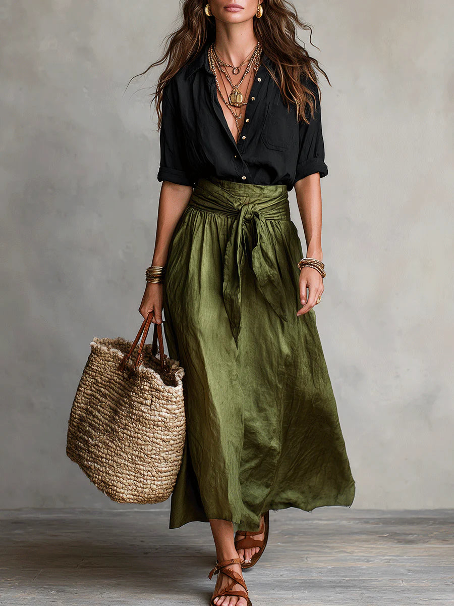 Cazellea - Women's Two-Piece Set, Elegant Black T-Shirt and High-Waisted Midi Skirt