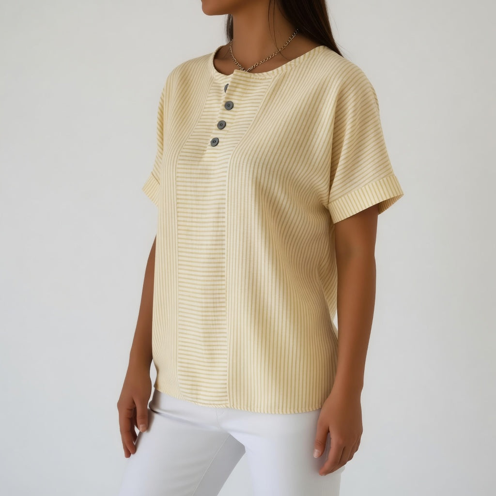 Dovinia - Women's striped linen short sleeve flowy casual summer blouse