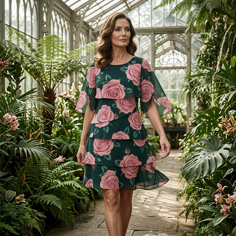 Qyvelle - Women's Floral Print Dress Loose Fit Flowy Sleeves Elegant Style