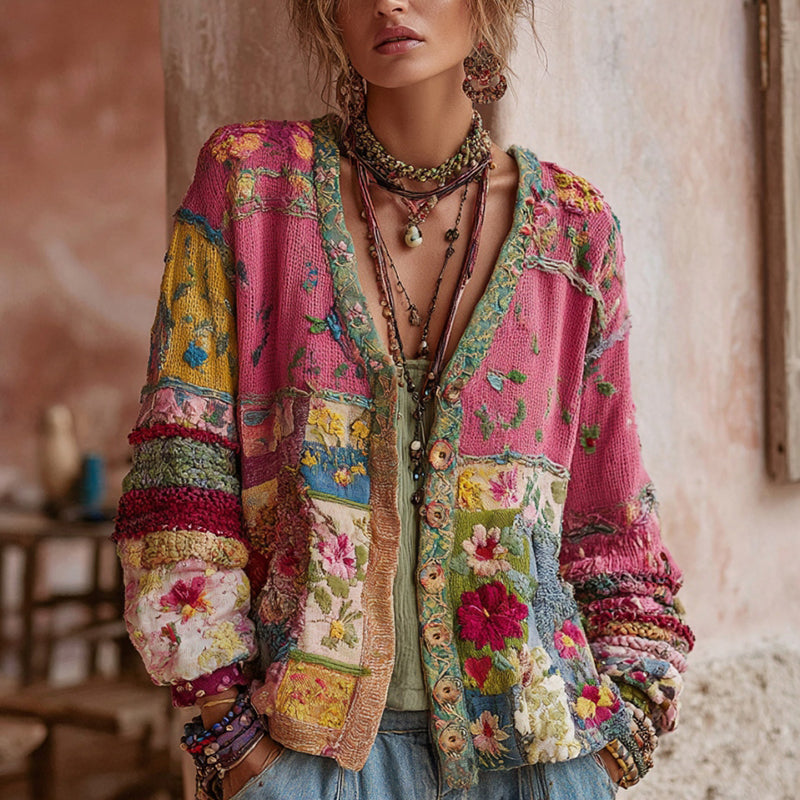 Rynellea - Women's Bohemian Patchwork Cardigan Floral Embroidery Vintage Chic Style