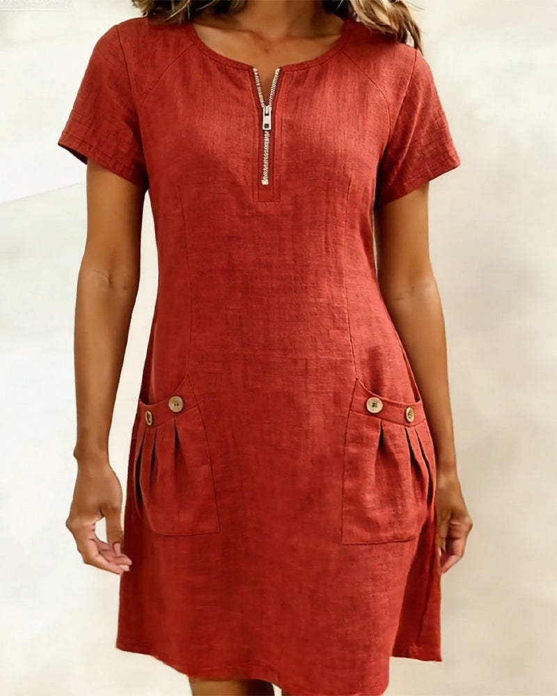 Kovira - Cotton Linen Short Dress with Zipper and Pockets
