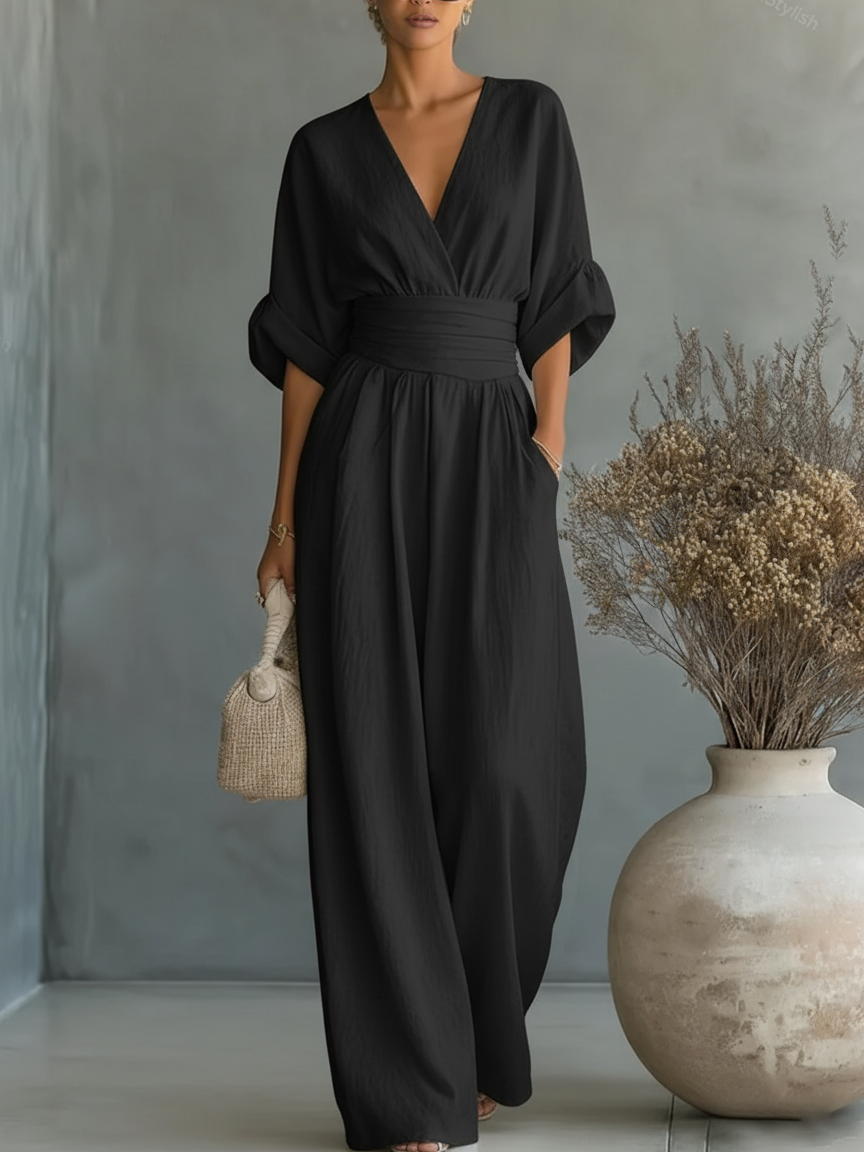Helyrae - Women's V-Neck Jumpsuit with Defined Waist and Fluid Cut