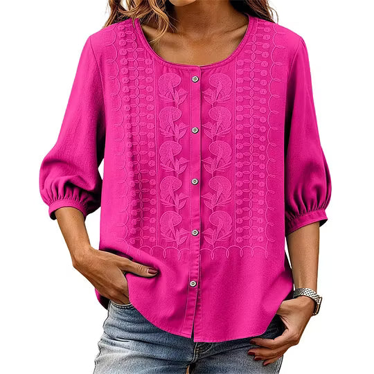 Sorivelle - Women's 3/4-Sleeve Cotton and Linen Embroidered Blouse