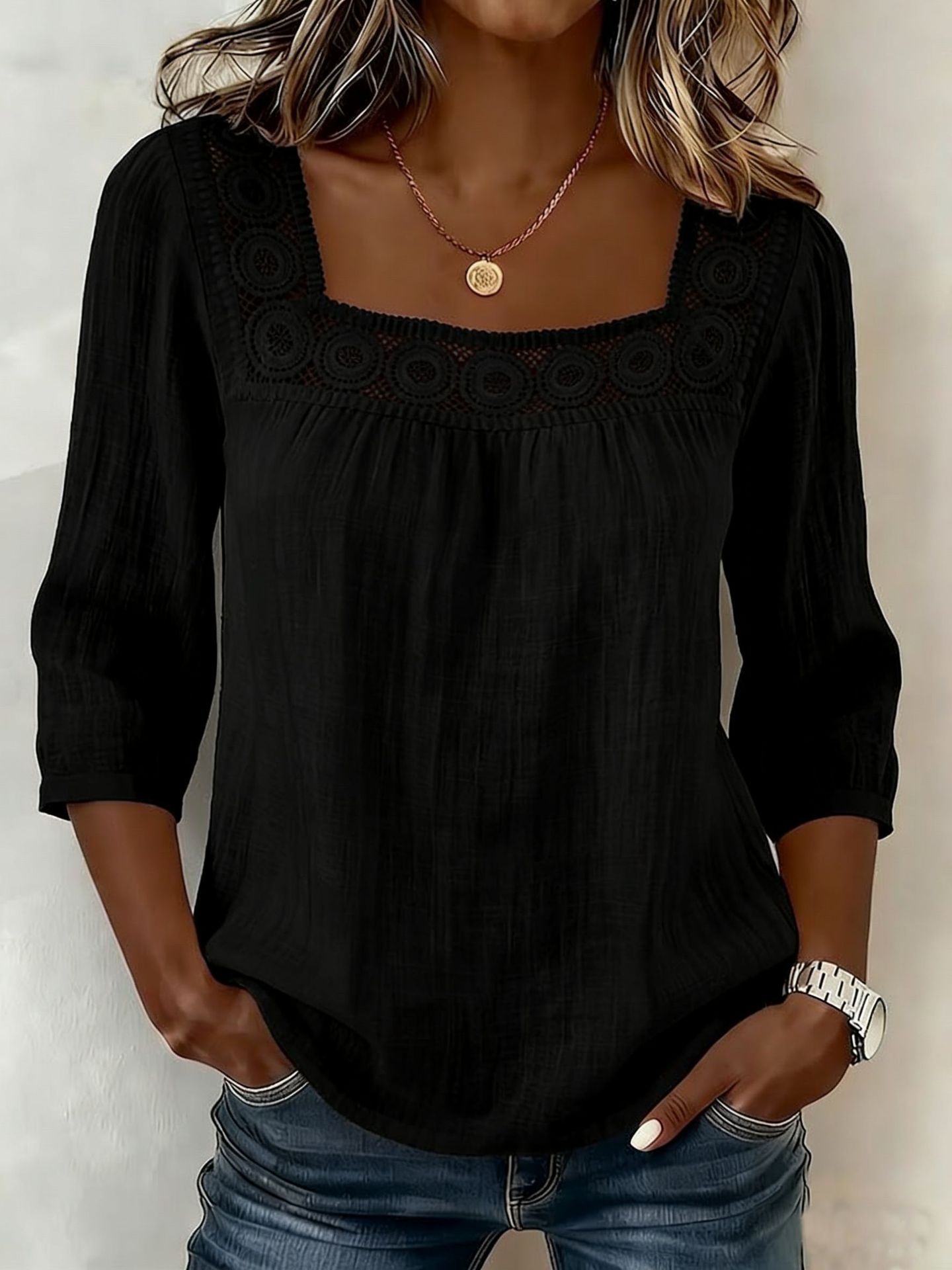 Myzaria - Women's blouse with elegant lace square neckline