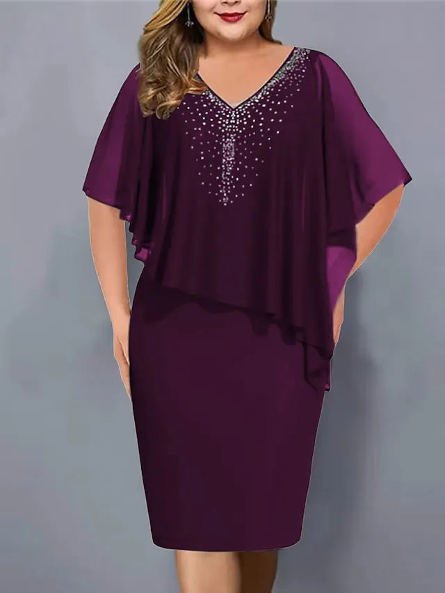 Lorenne - Women's Cape Dress with Rhinestones and Chiffon Overlay