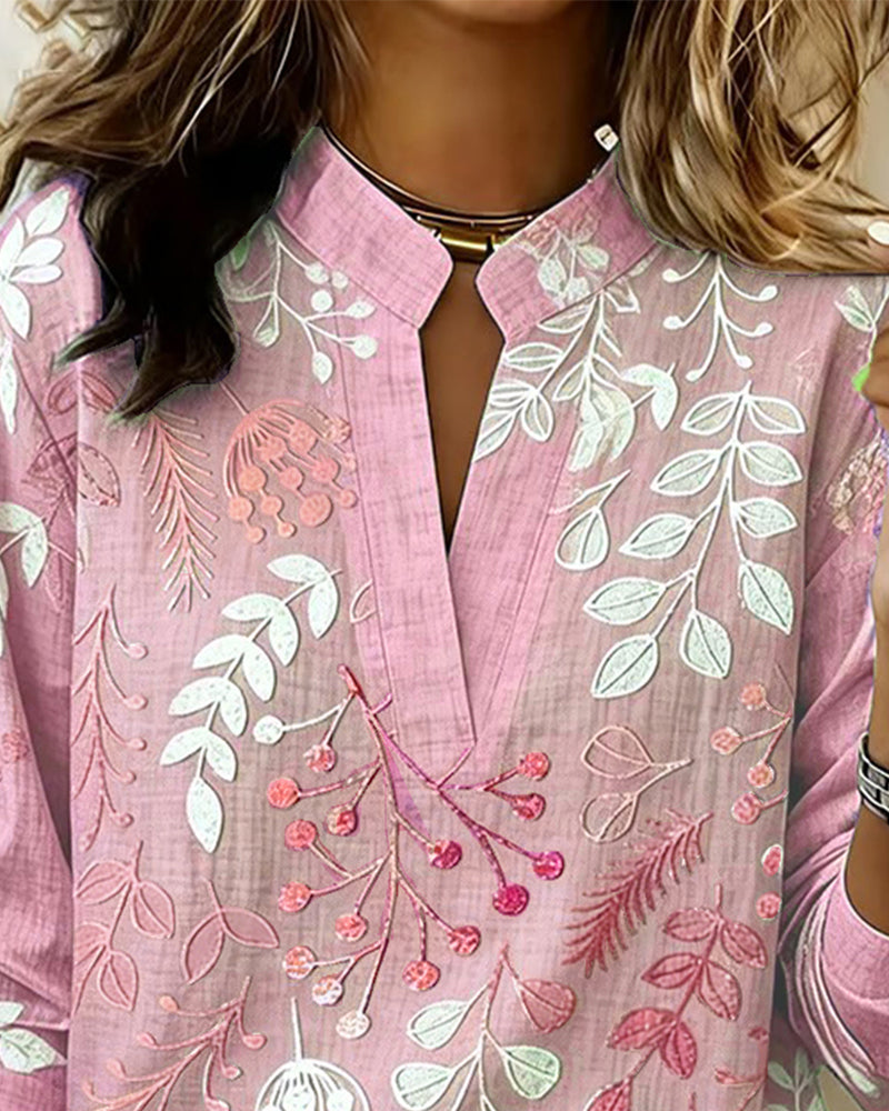 Drynora - Women's Floral Print Open Collar Long Sleeve Elegant Style Blouse
