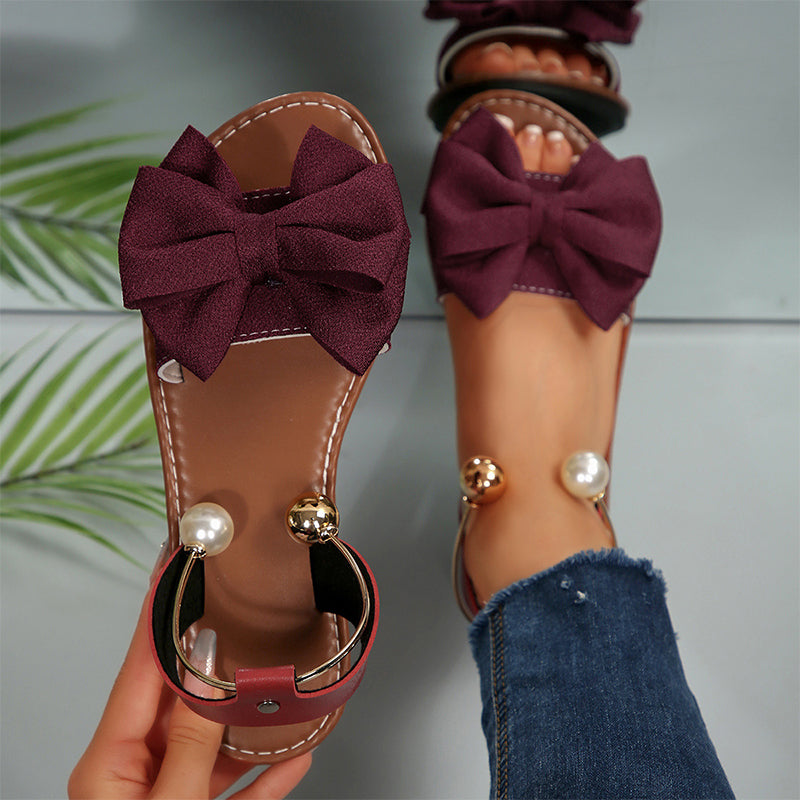 Jaxoria - Women's Flat Sandals with Decorative Bow and Pearls