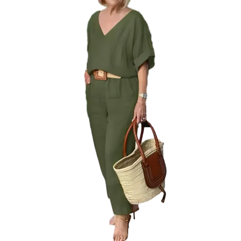 Loxaria - Women's V-neck Top and Pocket Trousers Casual Set