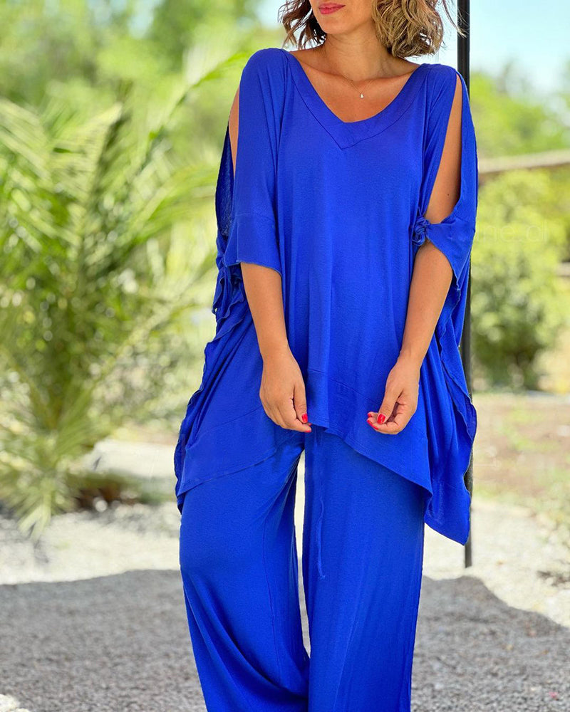 Ginevra - Casual Two-Piece V-Neck and Wide-Leg Pants Set