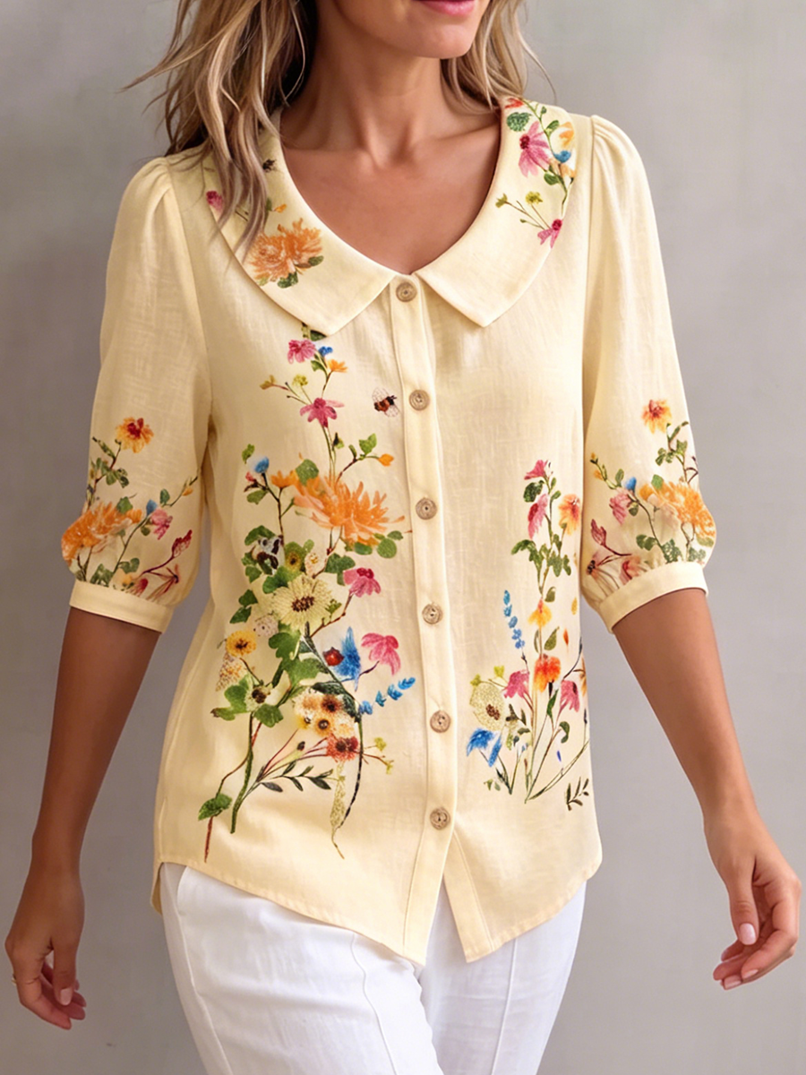 Mavessia - Women's vintage artistic floral print cotton and linen shirt