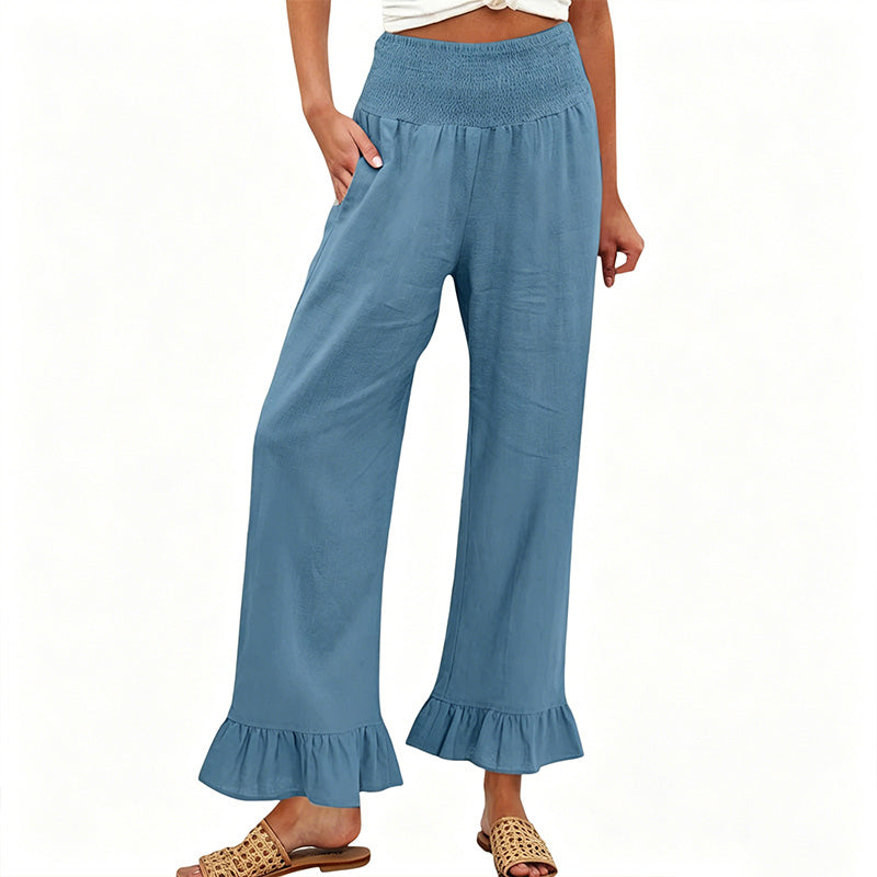 Dorexa - Women's High-Waisted Smocked Wide Leg Boho Cotton Linen Trousers