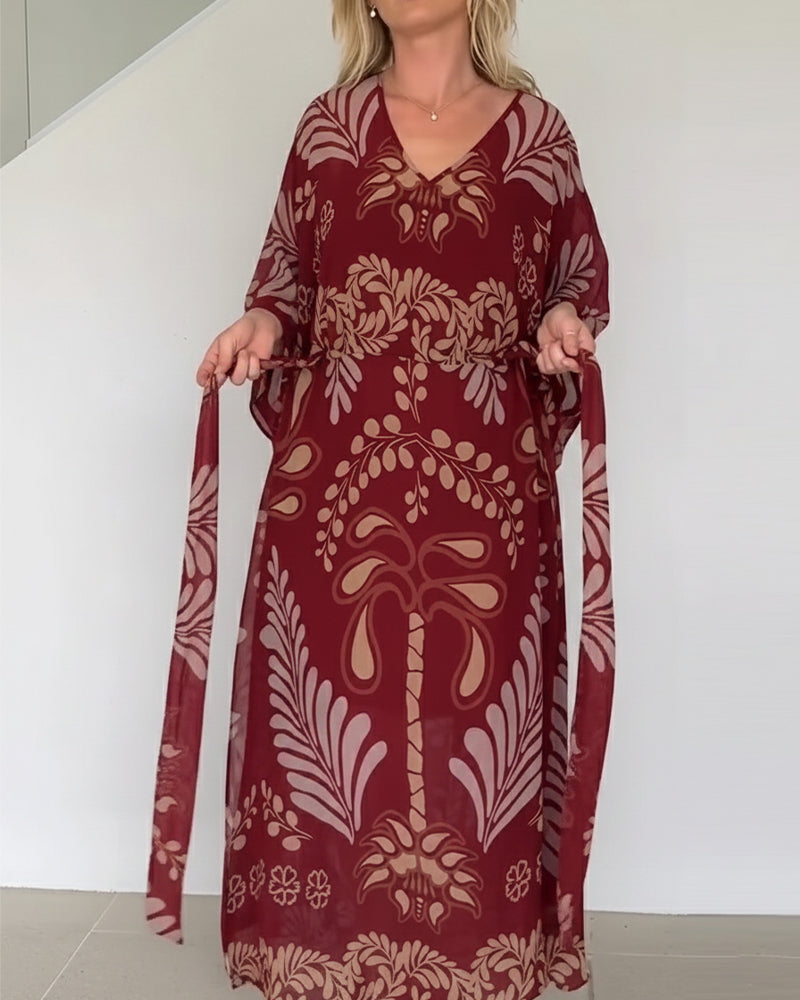 Praxellea - Women's Boho Maxi Dress Loose V-Neck Elegant Leaf Print