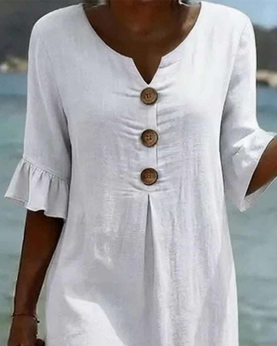 Beatrix - Women's Cotton Linen Dress Flowy Cut Buttons Flared Sleeves Elegant