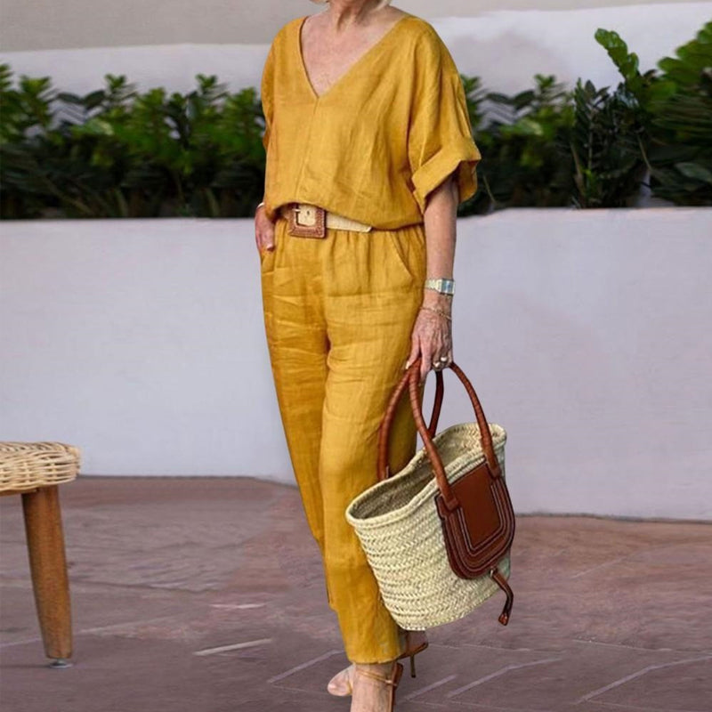 Loxaria - Women's V-neck Top and Pocket Trousers Casual Set